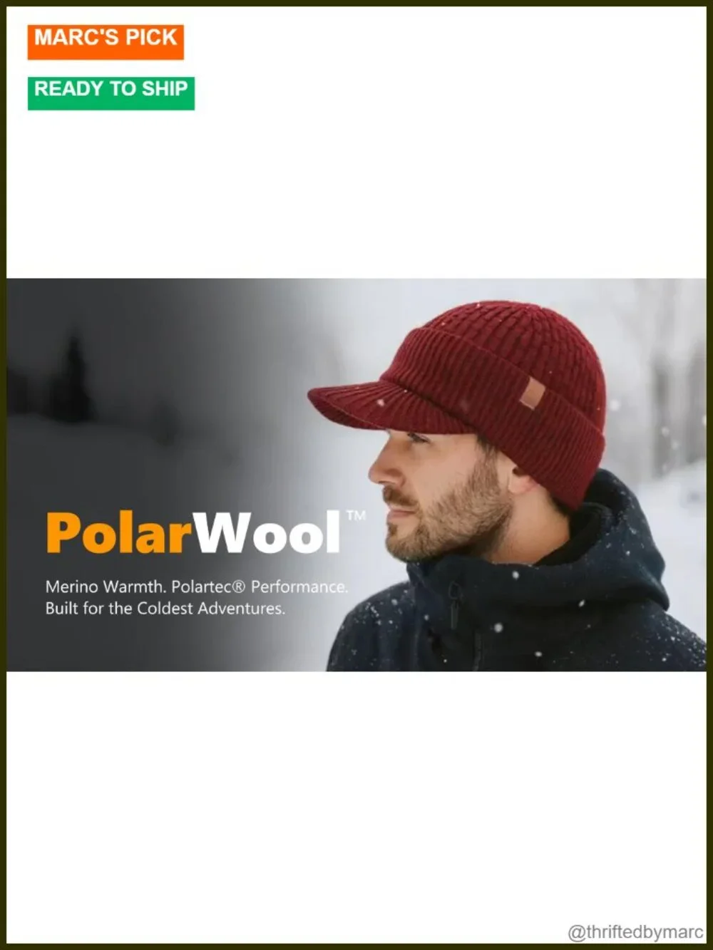 100% Merino Wool Fleece Lined Visor Beanie Winter Hat
